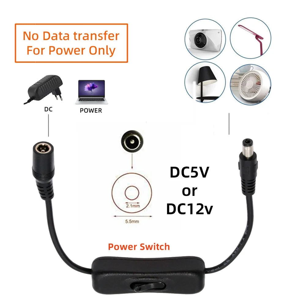 PW-012-DC DC Cable with On / Off Power Switch Button DC 5.5x2.1mm Male to Female for DC 5V Desk Lamp Fan Camera - 5