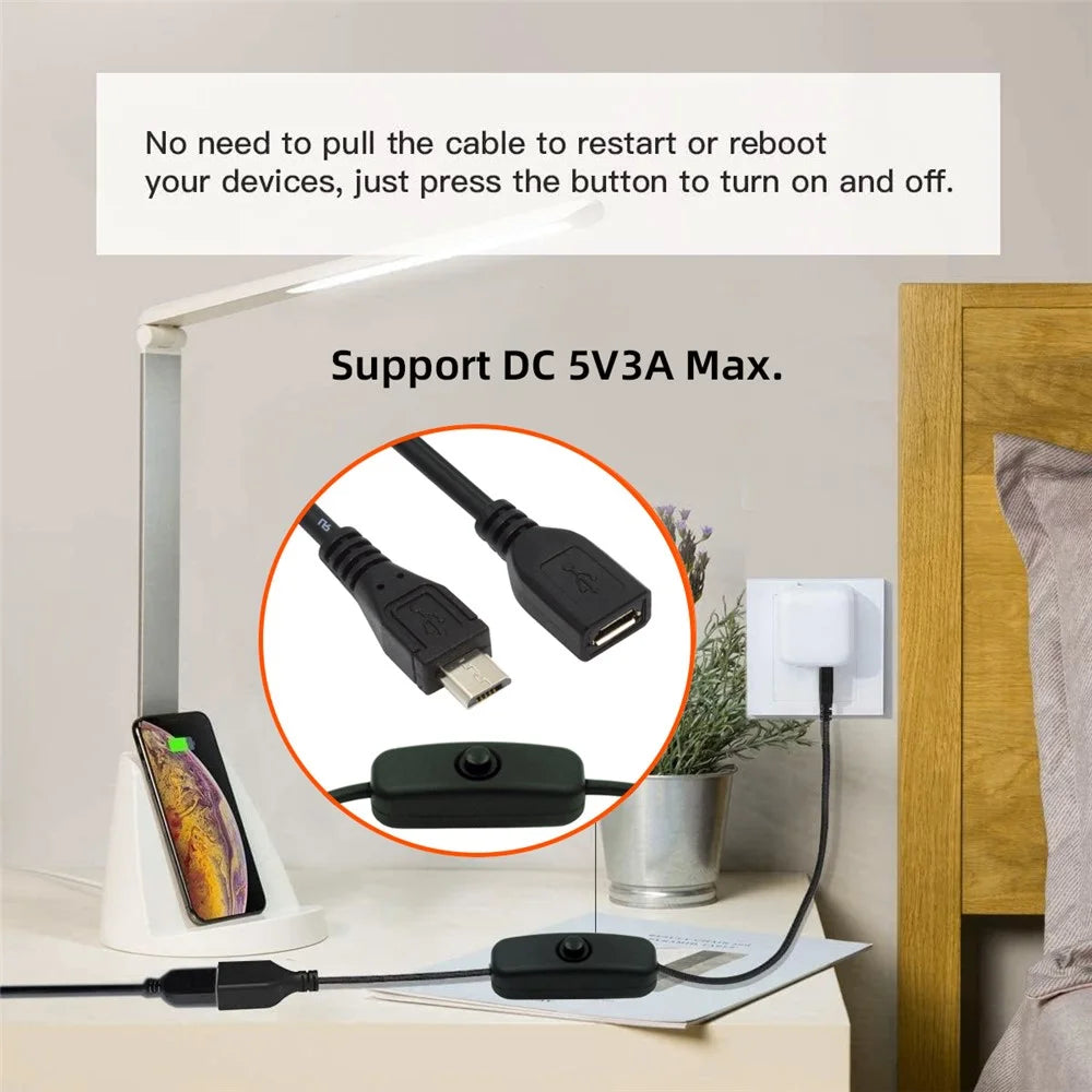 PW-012-MM Micro USB2.0 Cable with On / Off Power Switch Button Micro 5 Pin Male to Female for DC 5V Desk Lamp Fan Camera - 3