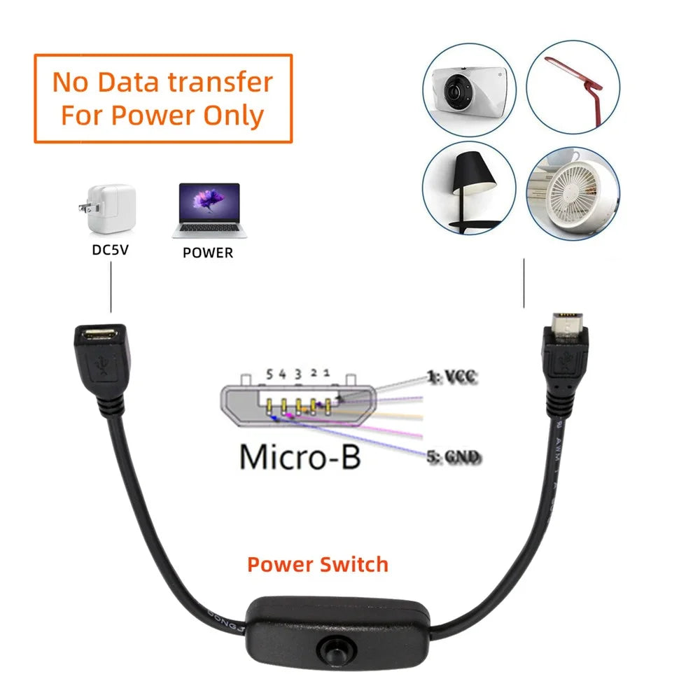 PW-012-MM Micro USB2.0 Cable with On / Off Power Switch Button Micro 5 Pin Male to Female for DC 5V Desk Lamp Fan Camera - 5