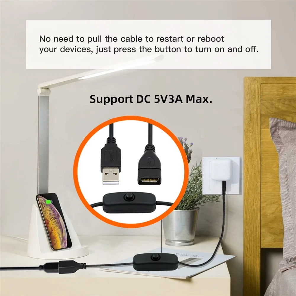 PW-012-AM USB2.0 Cable with On Off Power Switch Button USB Type-A Male to Female for DC 5V Desk Lamp Fan Camera - 3