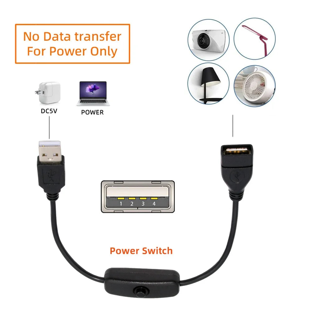 PW-012-AM USB2.0 Cable with On Off Power Switch Button USB Type-A Male to Female for DC 5V Desk Lamp Fan Camera - 5