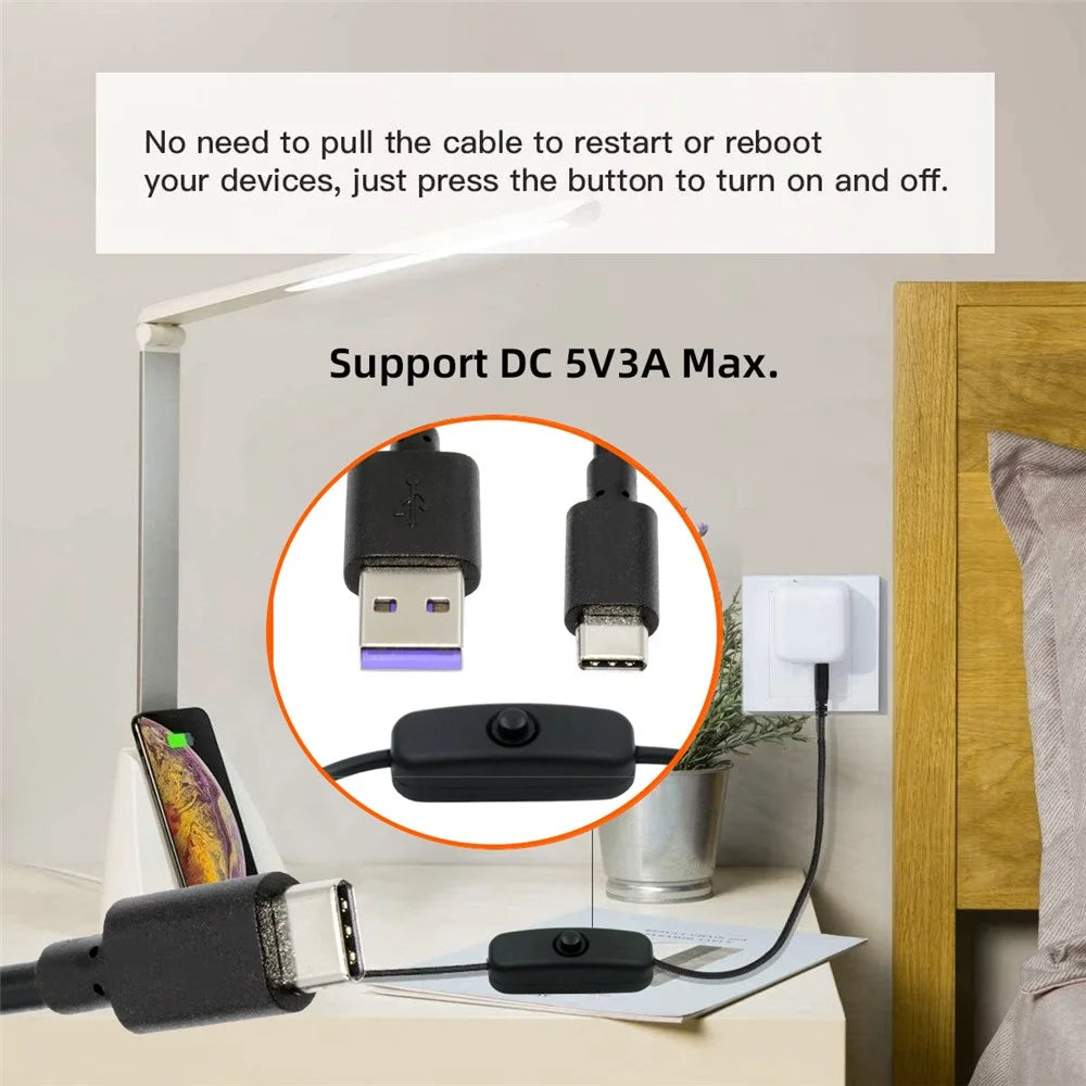 PW-015-TC 1m Type-C Male to USB-A Male USB2.0 Cable with On / Off Power Switch Button for DC5V Desk Lamp Fan Camera - 3