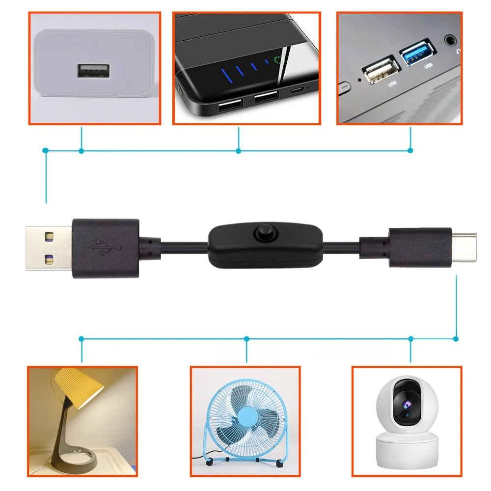 PW-015-TC 1m Type-C Male to USB-A Male USB2.0 Cable with On / Off Power Switch Button for DC5V Desk Lamp Fan Camera - 4
