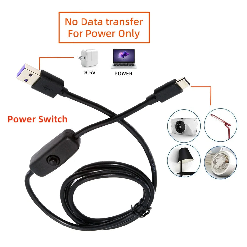 PW-015-TC 1m Type-C Male to USB-A Male USB2.0 Cable with On / Off Power Switch Button for DC5V Desk Lamp Fan Camera - 5