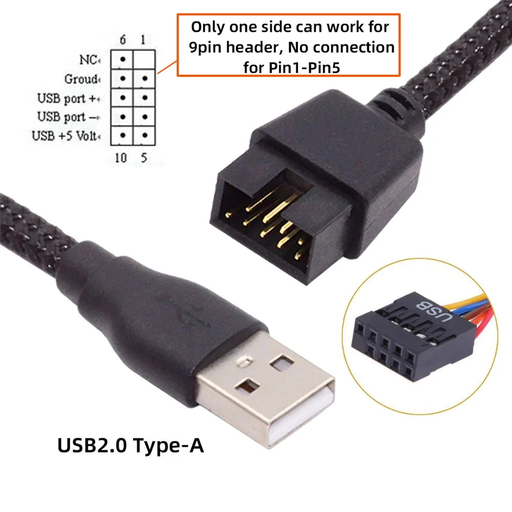 U2-076 Single USB 2.0 Male Type-A to Motherboard 9Pin 10Pin Male Header Cable with Sleeve 20cm - 6