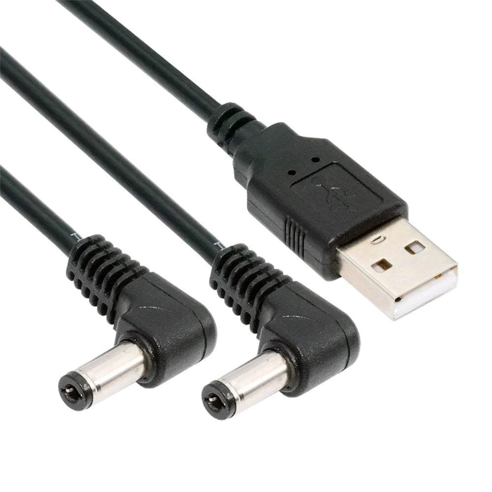 U2-077-RI 1.5m USB Type-A Male to Dual 5.5x2.1mm DC 5V Power Plug Splitter Right Angled 90 Degree Connector Charge Cable - 1