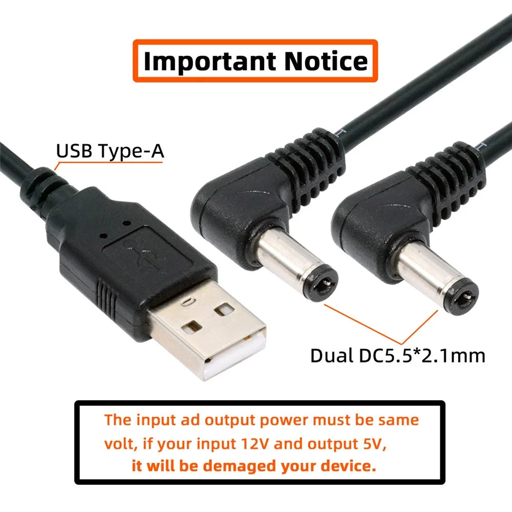 U2-077-RI 1.5m USB Type-A Male to Dual 5.5x2.1mm DC 5V Power Plug Splitter Right Angled 90 Degree Connector Charge Cable - 3