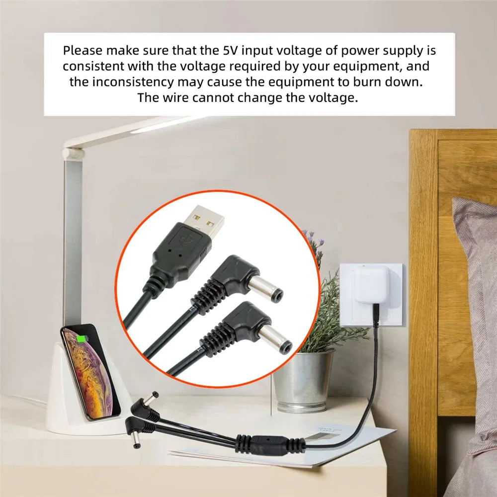 U2-077-RI 1.5m USB Type-A Male to Dual 5.5x2.1mm DC 5V Power Plug Splitter Right Angled 90 Degree Connector Charge Cable - 7
