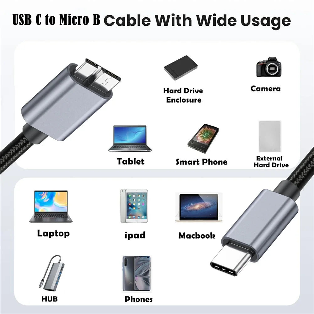 3m USB Type C to Micro B Cable Compatible with Seagate WD Westgate My Passport MacBook Pro / Ipad - 5