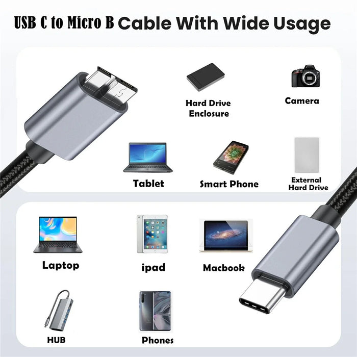 1.8m USB Type C to Micro B Cable Compatible with Seagate WD Westgate My Passport MacBook Pro / Ipad - 5