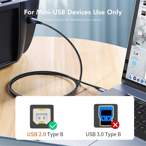 ENKAY Length:2m  Type-C to USB 2.0 B Printer Cable USB-C Scanner Nylon Braided Cord for Computer Laptop - Black - 2