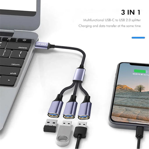 ENKAY 0.5m  ENK-CB171 Type-C to 3 USB 2.0 Charging Cable OTG Splitter Y Extension Cord - Grey - 2