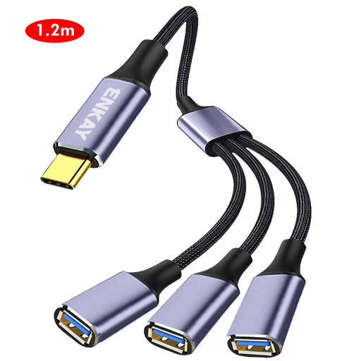 ENKAY 1.2m  ENK-CB171 Type-C to 3 USB 2.0 Charging Cable OTG Splitter Y Extension Cord - Grey - 1
