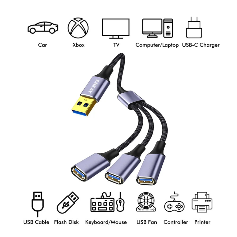 ENKAY 0.5m  ENK-CB172 USB 2.0 to 3 USB 2.0 Charging Cable OTG Splitter Y Extension Cord - Grey - 3