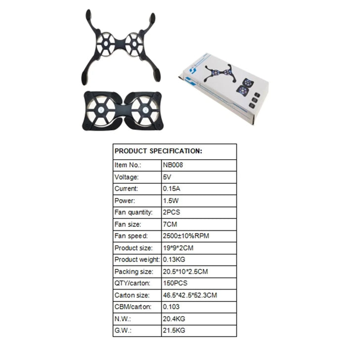 NB008 Foldable Laptop Cooling Pad 2 Fans Adjustable Notebook Stand Portable Computer Riser - 7