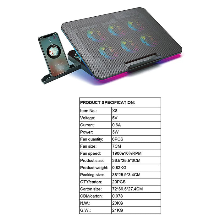 X8 Foldable Laptop Stand 6 ARGB Fans Cooling Pad Adjustable Height Notebook Cooler - 5