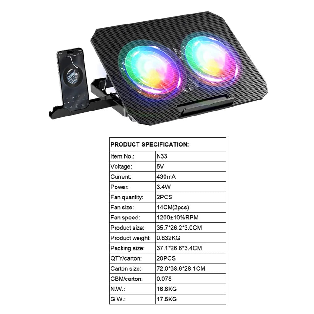 N33 Adjustable Height Laptop Stand with Phone Holder RGB Dual Fans Cooling Pad for Gaming Notebook - 6
