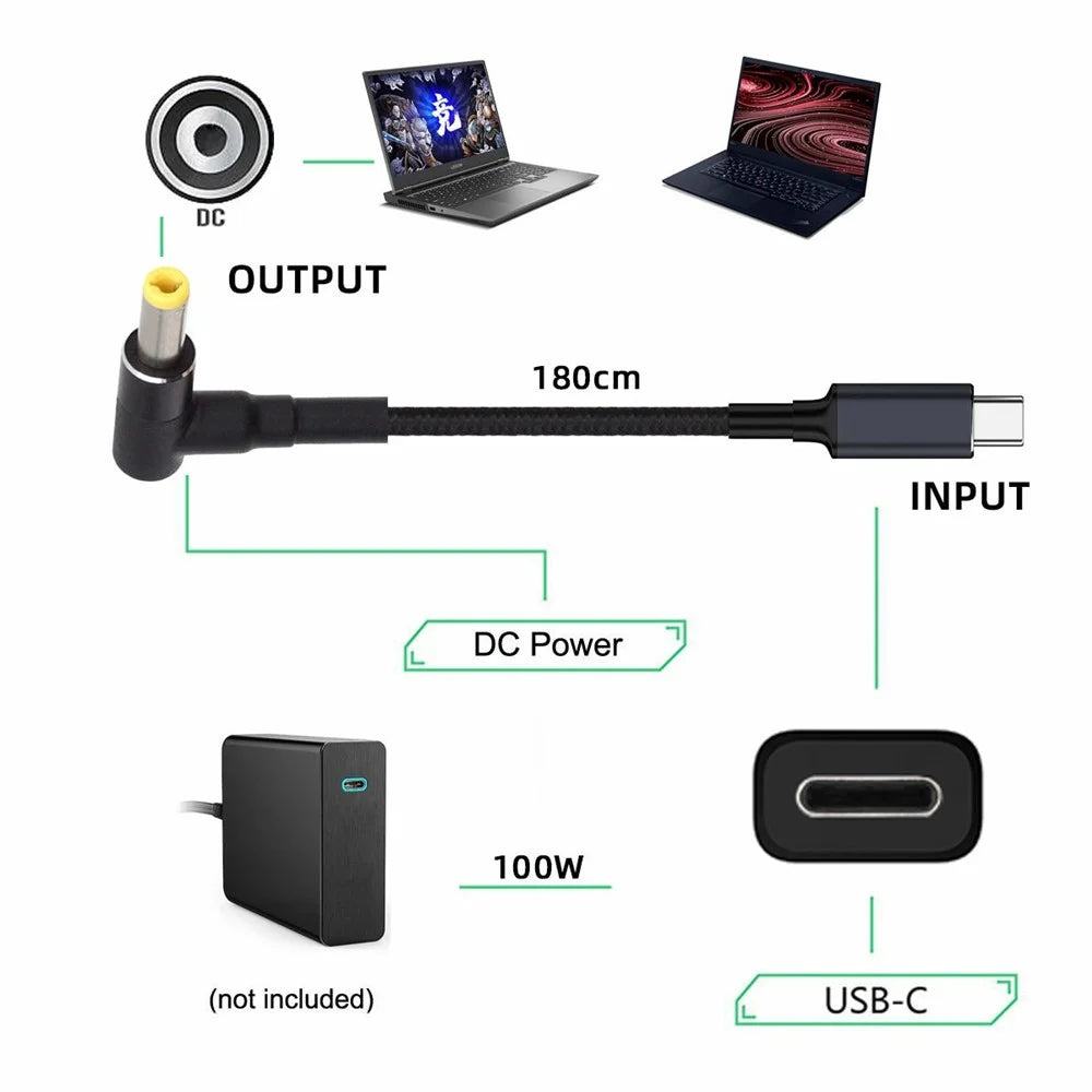 UC-110-5525MM 1.8m USB-C to DC 5.5x2.5mm Cable PD 100W Nylon Braid Charging Cord for Laptop - 5