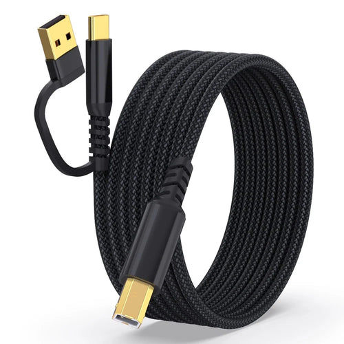 3m USB / Type-C to Square USB Type-B 2 in 1 Printer Cable Braided Printing Connection Cord - Black - 1