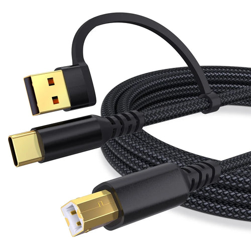 1m USB / Type-C to Square USB Type-B 2 in 1 Printer Cable Braided Printing Connection Cord - Black - 1
