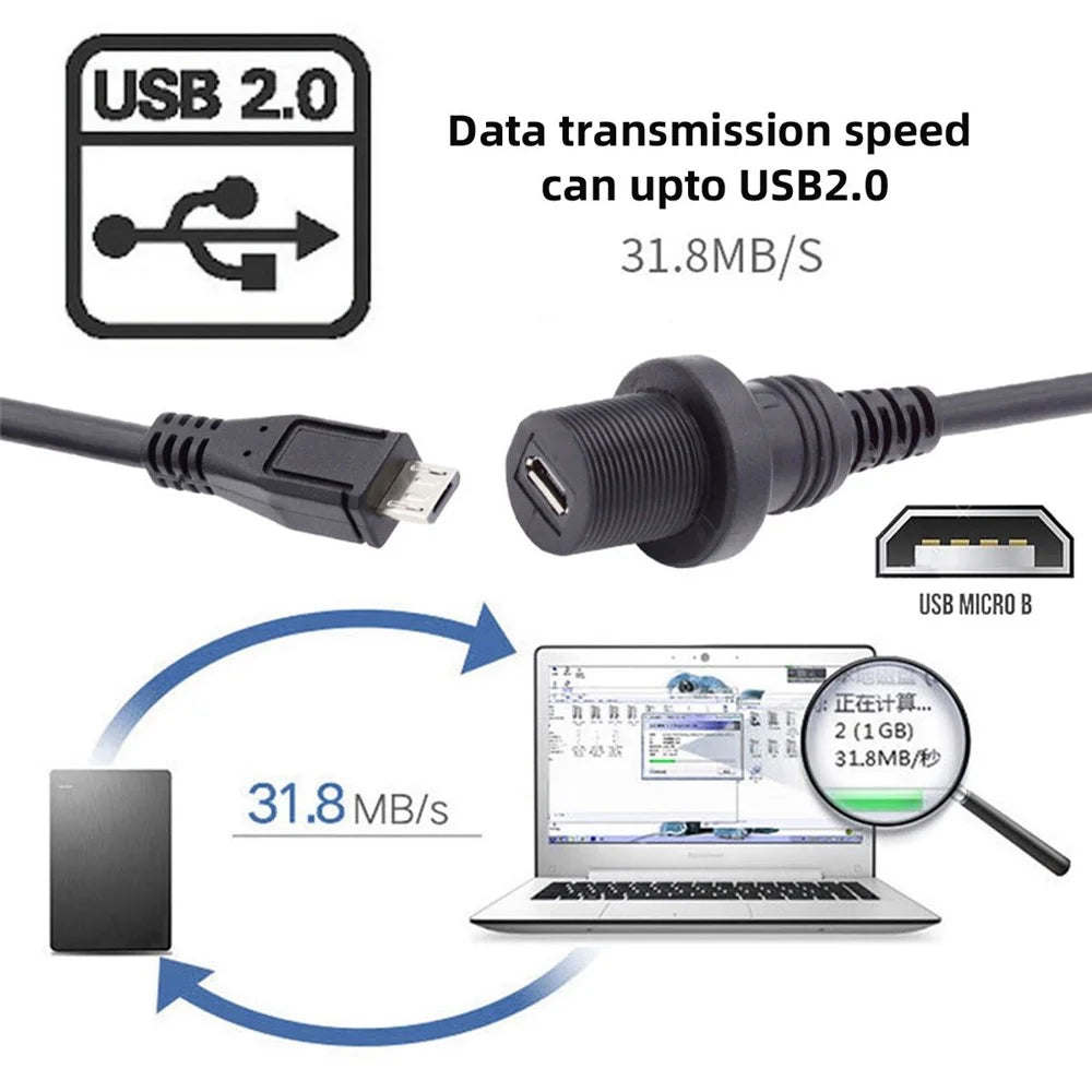 U2-003-1.0M 1m Waterproof 480Mbps Micro USB2.0 5Pin Male to Female Extension Data Power Cable - 4