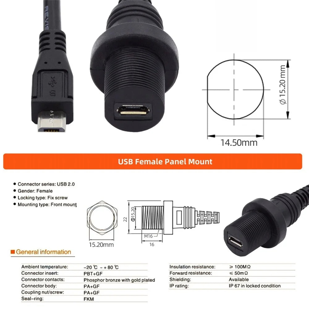 U2-003-1.0M 1m Waterproof 480Mbps Micro USB2.0 5Pin Male to Female Extension Data Power Cable - 6