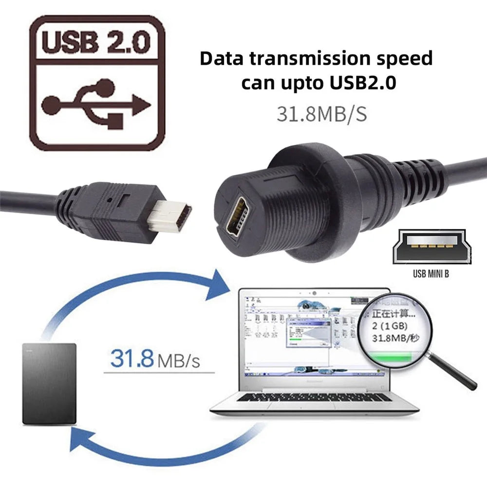 U2-015-1.0M 1m Waterproof Dustproof 480Mbps Mini USB2.0 5Pin Male to Female Extension Cord Data Power Cable - 4