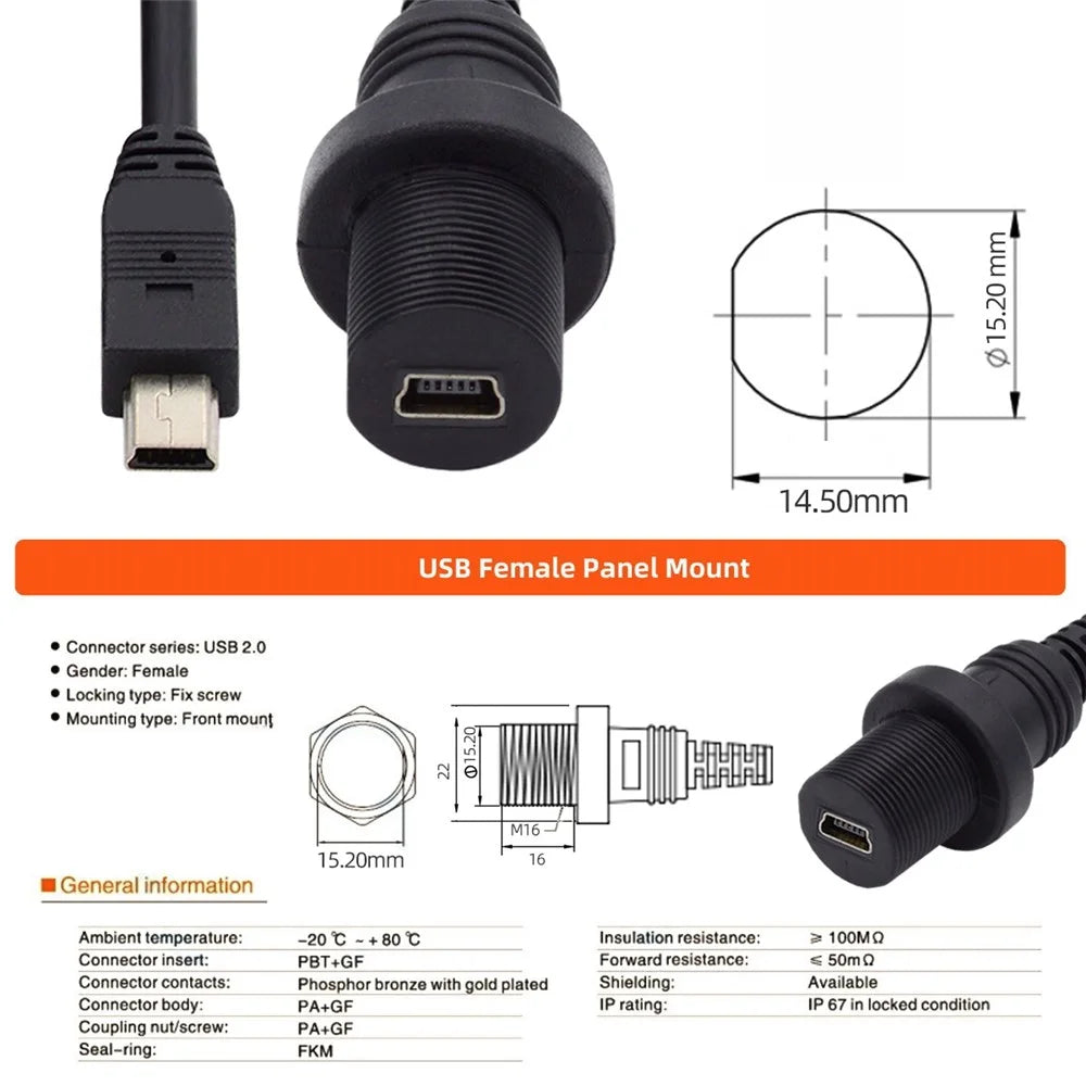 U2-015-1.0M 1m Waterproof Dustproof 480Mbps Mini USB2.0 5Pin Male to Female Extension Cord Data Power Cable - 6