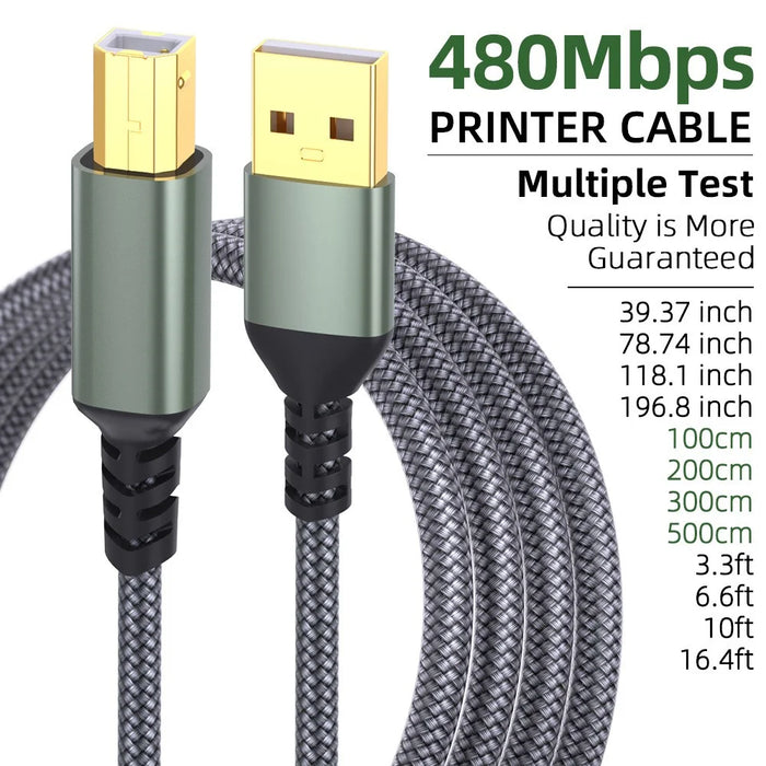 3m USB-A Male to USB-B 2.0 Male Printer Cable 480Mbps Data Transfer Braided Extension Cord - Grey - 2