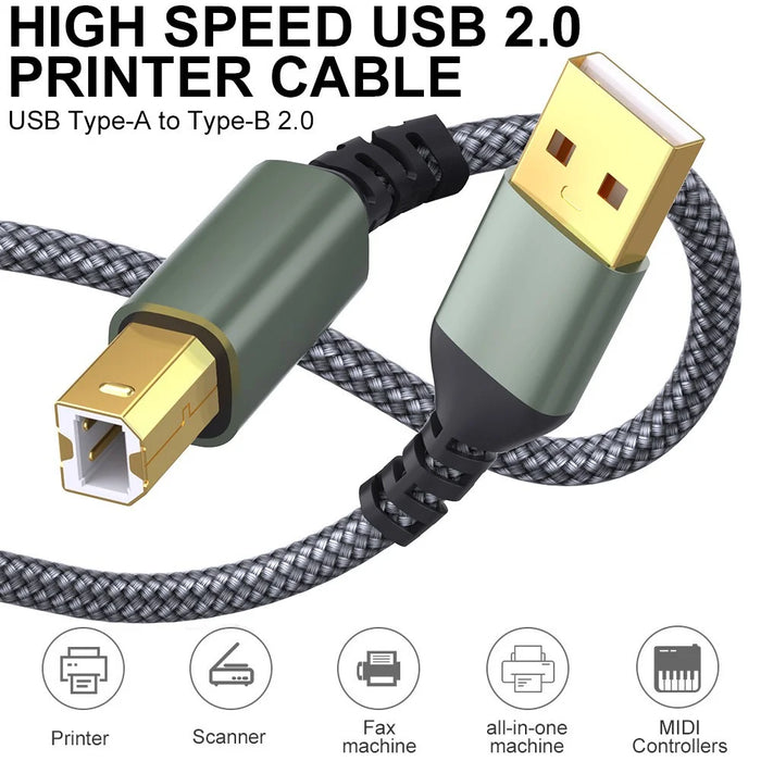 3m USB-A Male to USB-B 2.0 Male Printer Cable 480Mbps Data Transfer Braided Extension Cord - Grey - 3