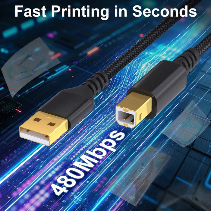 3m USB-A Male to USB-B 2.0 Male Printer Cable 480Mbps Data Transfer Braided Extension Cord - Grey - 7
