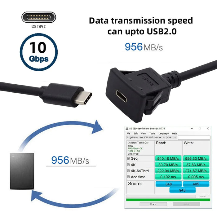 UC-021-1.0M 1m Waterproof USB-C Type-C USB 3.1 10Gbps Extension Flush Car Latch Mount Extension Cable for Dashboard Panel - 4