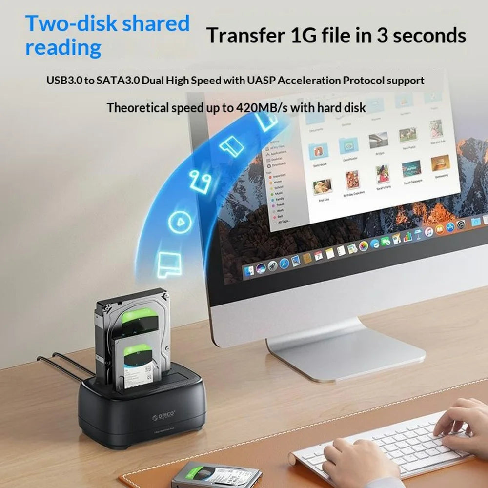 ORICO DD28C3-C Dual Bay Offline Clone Hard Drive Docking Station Compatible with 2.5  /  3.5 Inch SATA HDDs and SSDs - EU Plug - 7