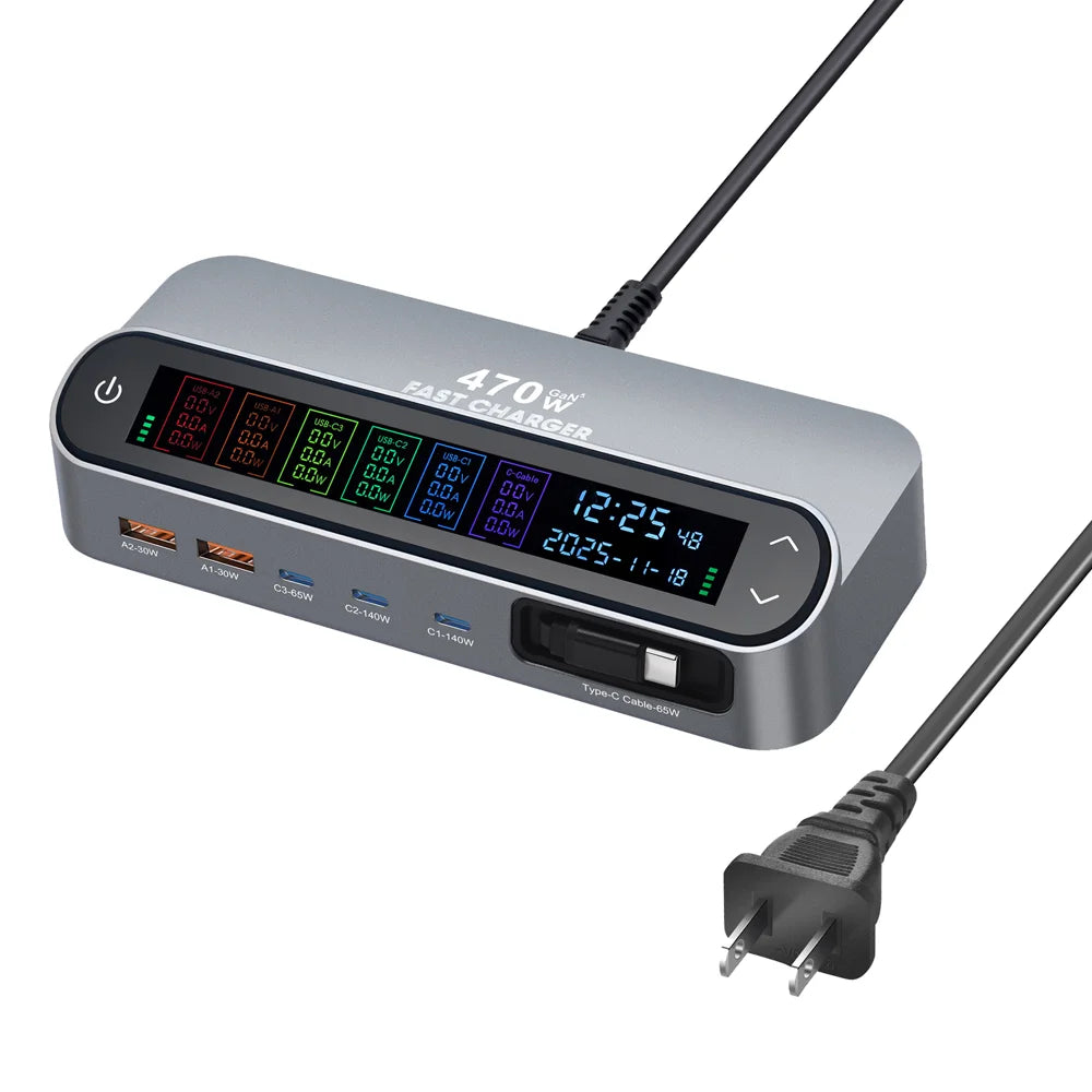 PD 3.1 140W GaN Desktop Charger Digital Display Multi-port Charging Station with Retractable Type-C Cable - US Plug - 1