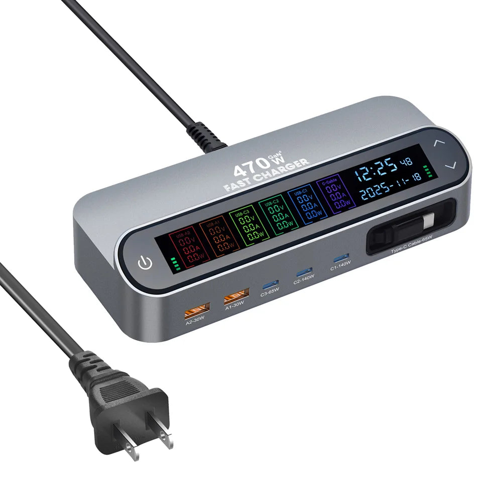 PD 3.1 140W GaN Desktop Charger Digital Display Multi-port Charging Station with Retractable Type-C Cable - US Plug - 2