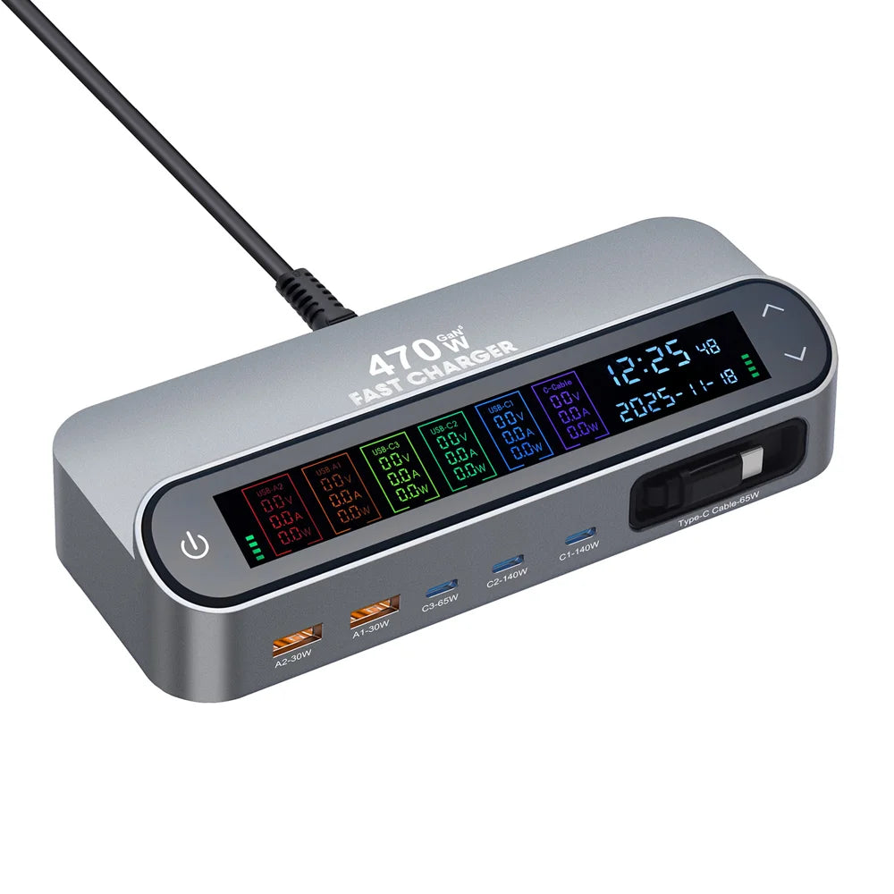 PD 3.1 140W GaN Desktop Charger Digital Display Multi-port Charging Station with Retractable Type-C Cable - US Plug - 3