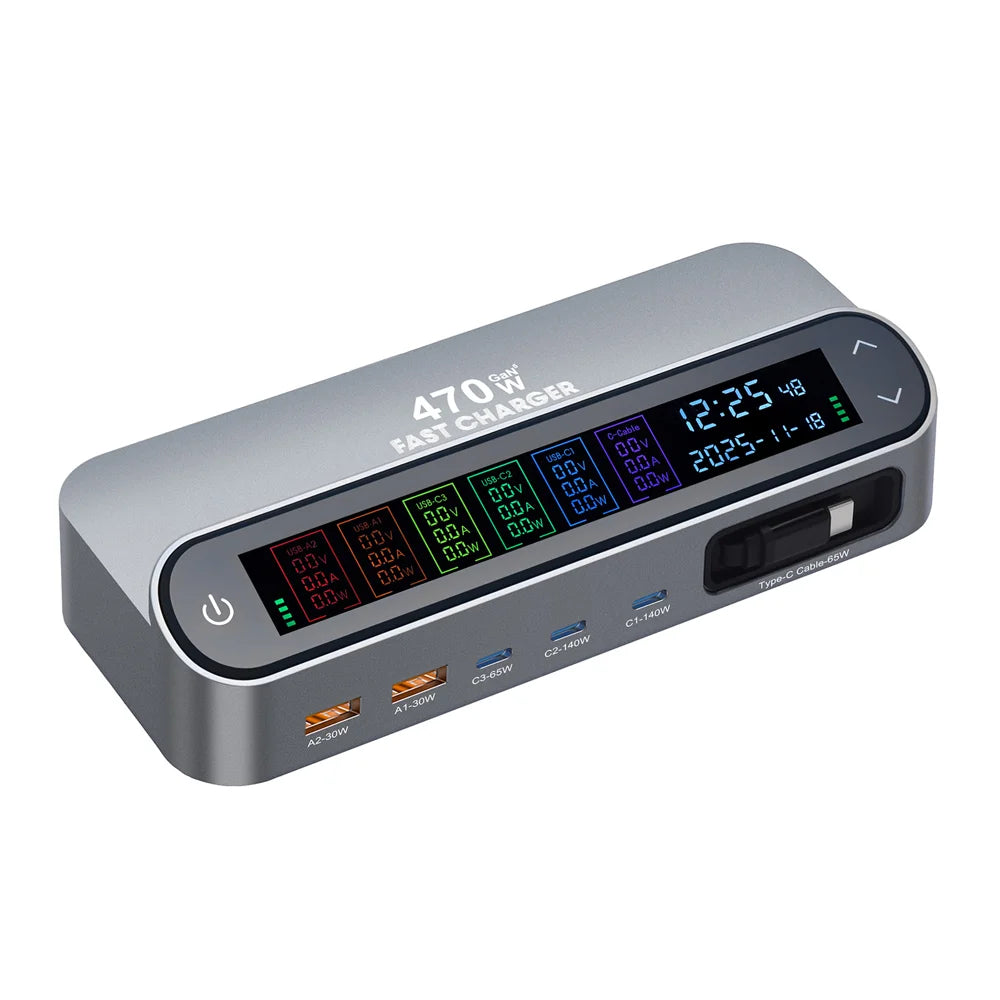 PD 3.1 140W GaN Desktop Charger Digital Display Multi-port Charging Station with Retractable Type-C Cable - US Plug - 6