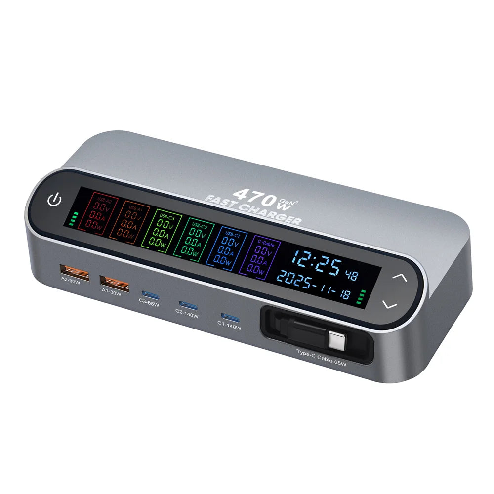 PD 3.1 140W GaN Desktop Charger Digital Display Multi-port Charging Station with Retractable Type-C Cable - US Plug - 7