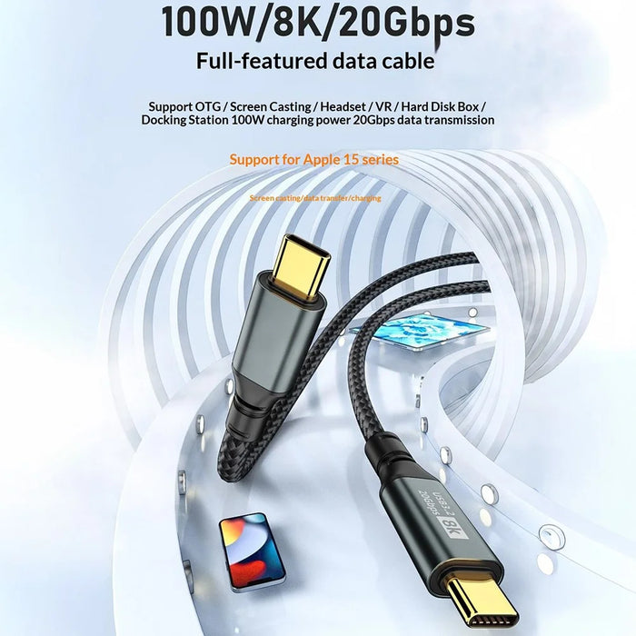 D33220 2m USB 3.2 Type-C to Type-C Cable 8K 20Gbps 100W Fast Charging Data Cable - Black - 2