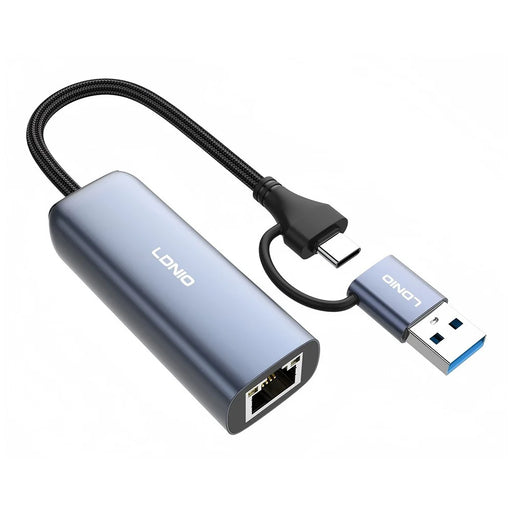 LDNIO RJ-01UC USB-A + USB-C to RJ45 Gigabit Ethernet Adapter Dual Port Wired Network Converter for Laptop Desktop - Grey - 1