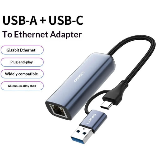 LDNIO RJ-01UC USB-A + USB-C to RJ45 Gigabit Ethernet Adapter Dual Port Wired Network Converter for Laptop Desktop - Grey - 2