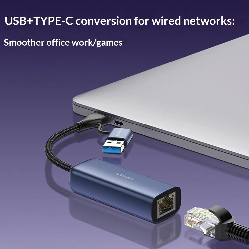 LDNIO RJ-01UC USB-A + USB-C to RJ45 Gigabit Ethernet Adapter Dual Port Wired Network Converter for Laptop Desktop - Grey - 4