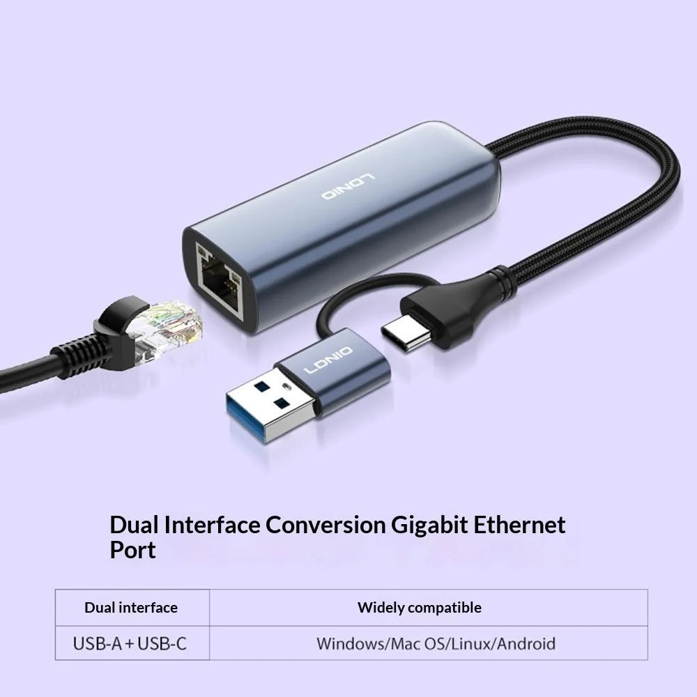 LDNIO RJ-01UC USB-A + USB-C to RJ45 Gigabit Ethernet Adapter Dual Port Wired Network Converter for Laptop Desktop - Grey - 6