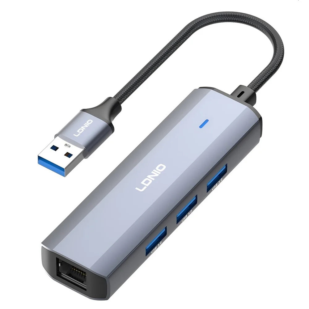 LDNIO DS-124U USB-A to RJ45 + 3xUSB3.0 Hub Gigabit Ethernet Adapter 4-in-1 Docking Station for Laptop PC - Grey - 1