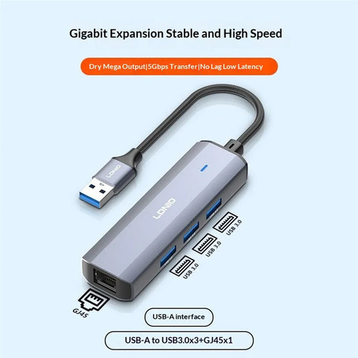 LDNIO DS-124U USB-A to RJ45 + 3xUSB3.0 Hub Gigabit Ethernet Adapter 4-in-1 Docking Station for Laptop PC - Grey - 2
