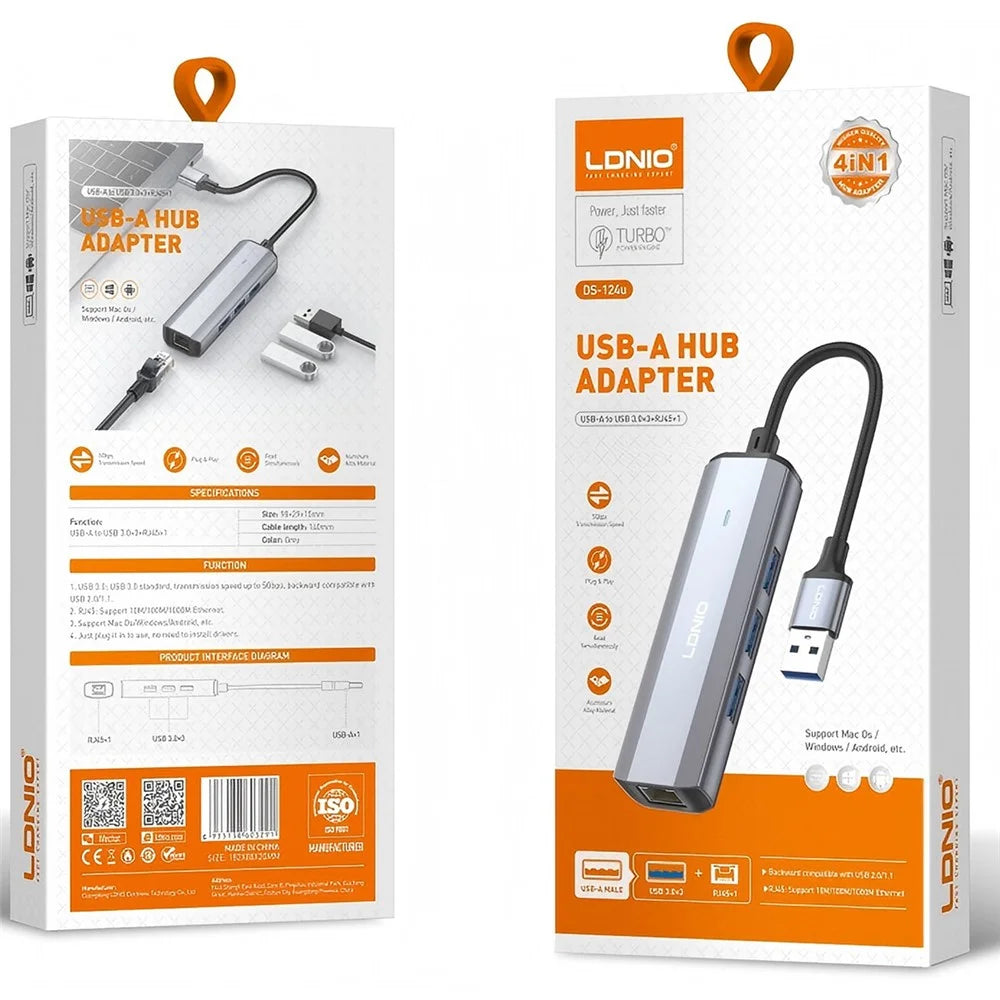 LDNIO DS-124U USB-A to RJ45 + 3xUSB3.0 Hub Gigabit Ethernet Adapter 4-in-1 Docking Station for Laptop PC - Grey - 7