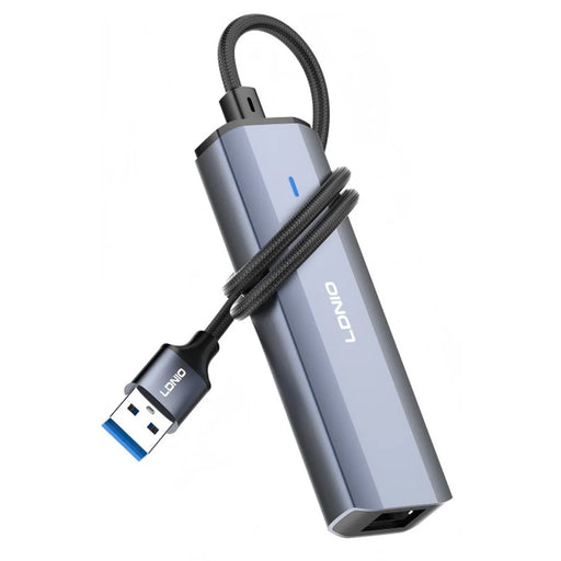 LDNIO DS-124U-1.2M USB-A to RJ45 + 3xUSB3.0 Hub with 1.2m Cable Gigabit Ethernet Adapter 4-in-1 Docking Station for Laptop PC - Grey - 1