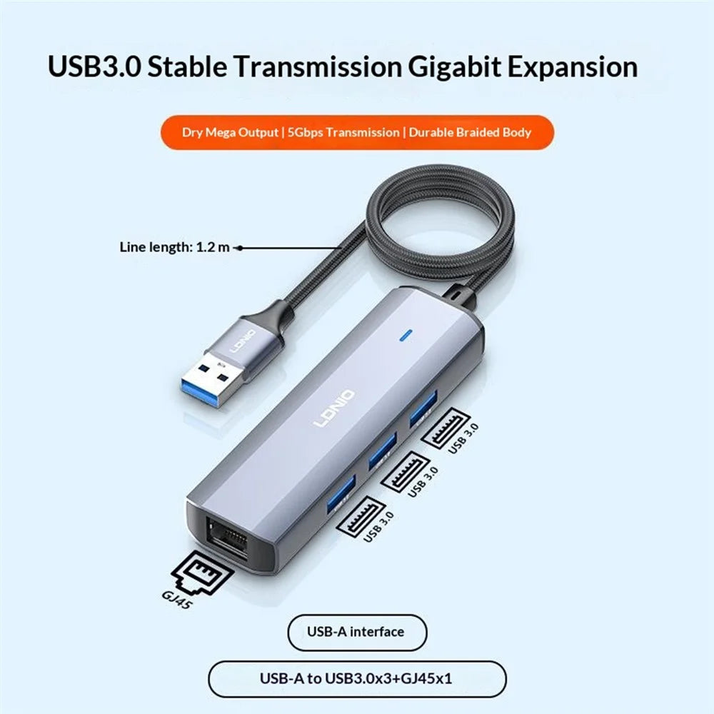 LDNIO DS-124U-1.2M USB-A to RJ45 + 3xUSB3.0 Hub with 1.2m Cable Gigabit Ethernet Adapter 4-in-1 Docking Station for Laptop PC - Grey - 2