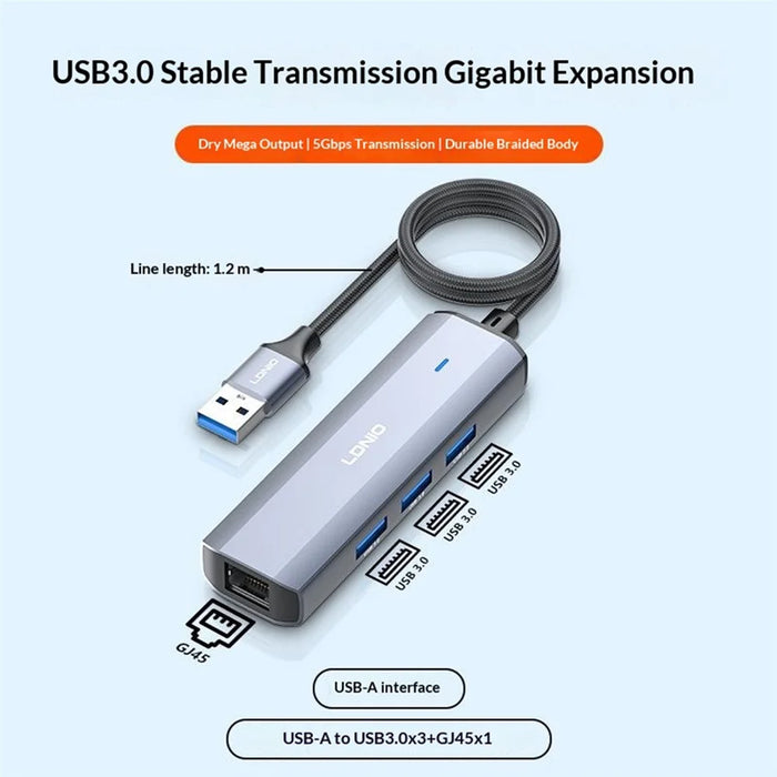 LDNIO DS-124U-1.2M USB-A to RJ45 + 3xUSB3.0 Hub with 1.2m Cable Gigabit Ethernet Adapter 4-in-1 Docking Station for Laptop PC - Grey - 2
