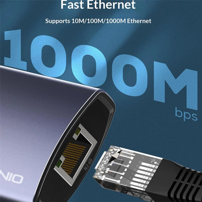LDNIO DS-124U-1.2M USB-A to RJ45 + 3xUSB3.0 Hub with 1.2m Cable Gigabit Ethernet Adapter 4-in-1 Docking Station for Laptop PC - Grey - 6
